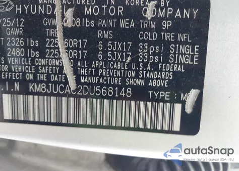 2013 Hyundai Tucson Gls from USA, damaged, VIN KM8JUCAC2DU568148